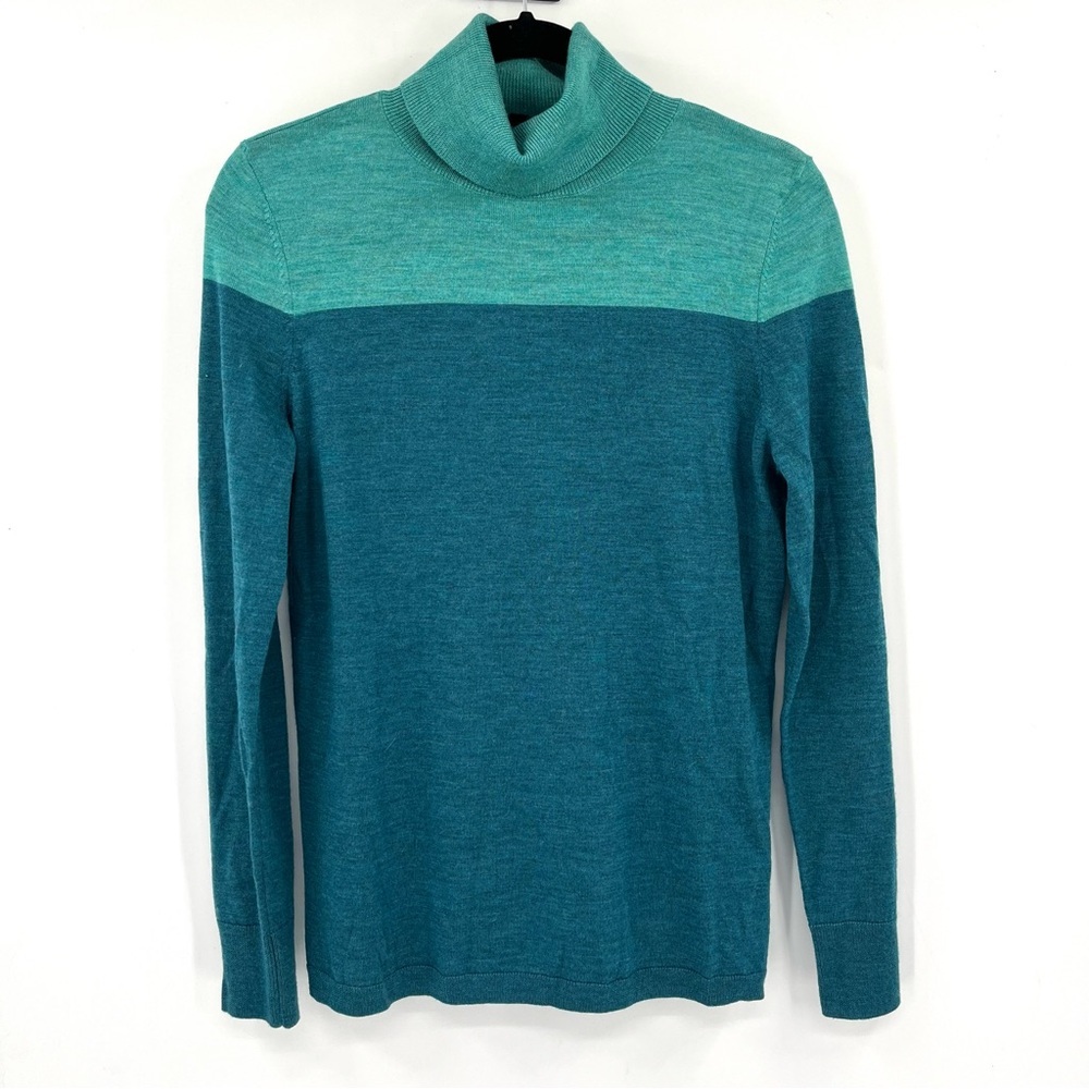 TALBOTS Pure Merino Wool Turtleneck Sweater M Blue Colorblock Pullover Women